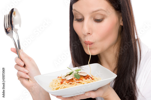 Italian food - portrait woman eat spaghetti sauce