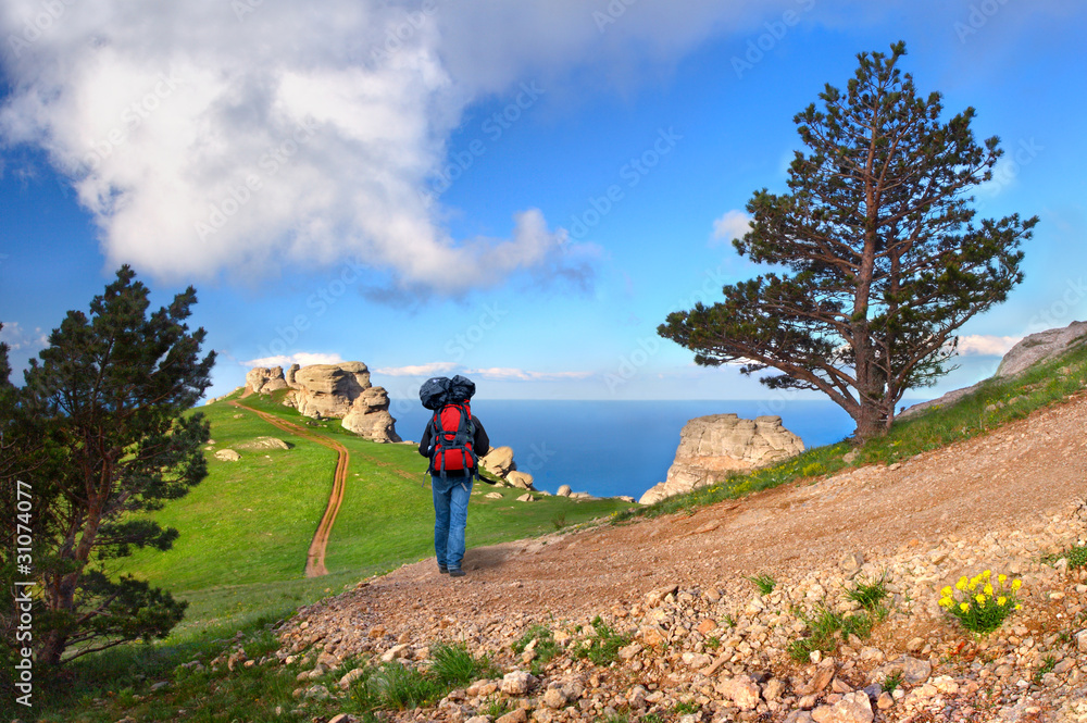 Hiker in mountains over the sea