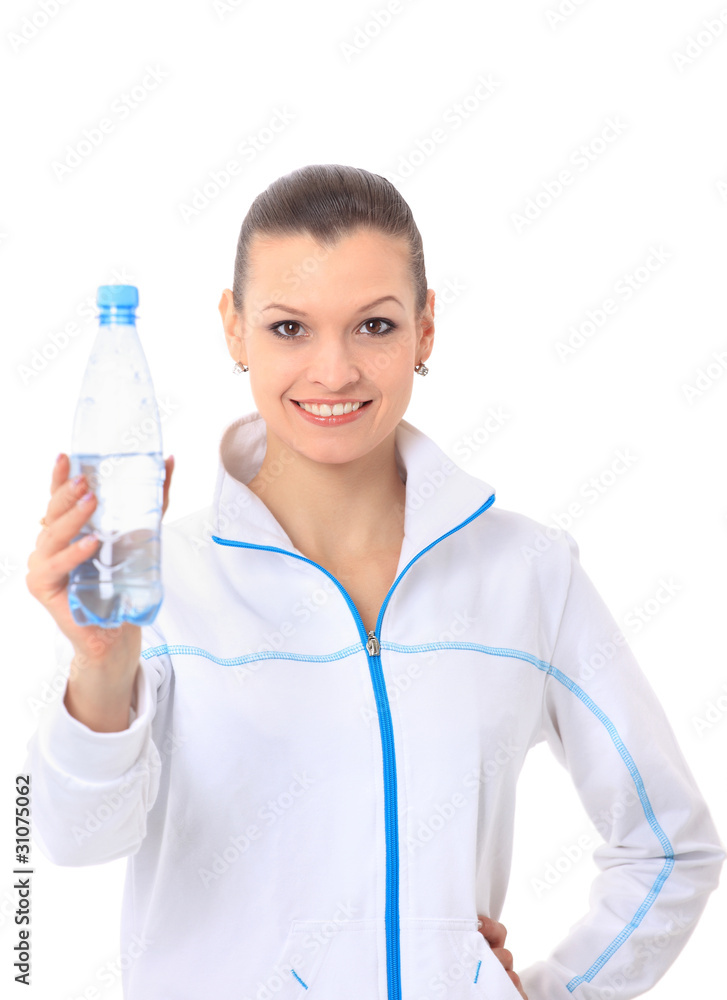 Woman in sportswear drinking water, isolated on white Woman in sportswear drinking water, isolated on white