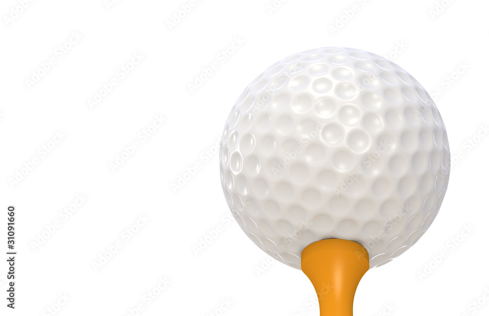 Golf ball on Orange tee. Perspective. Low angle view Golf ball on Orange tee. Perspective. Low angle view