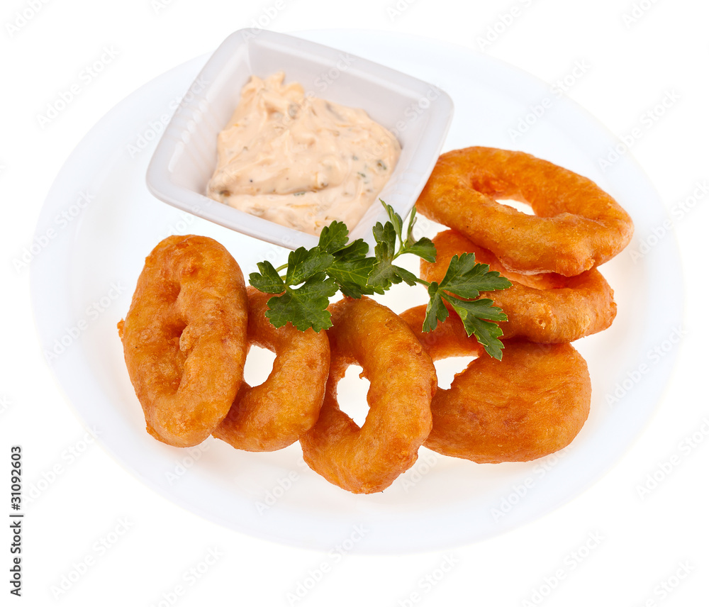 fried squid rings with a cheese sauce fried squid rings with a cheese sauce