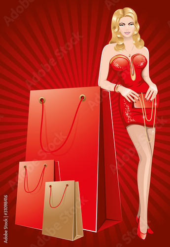 Lady in red does the shopping