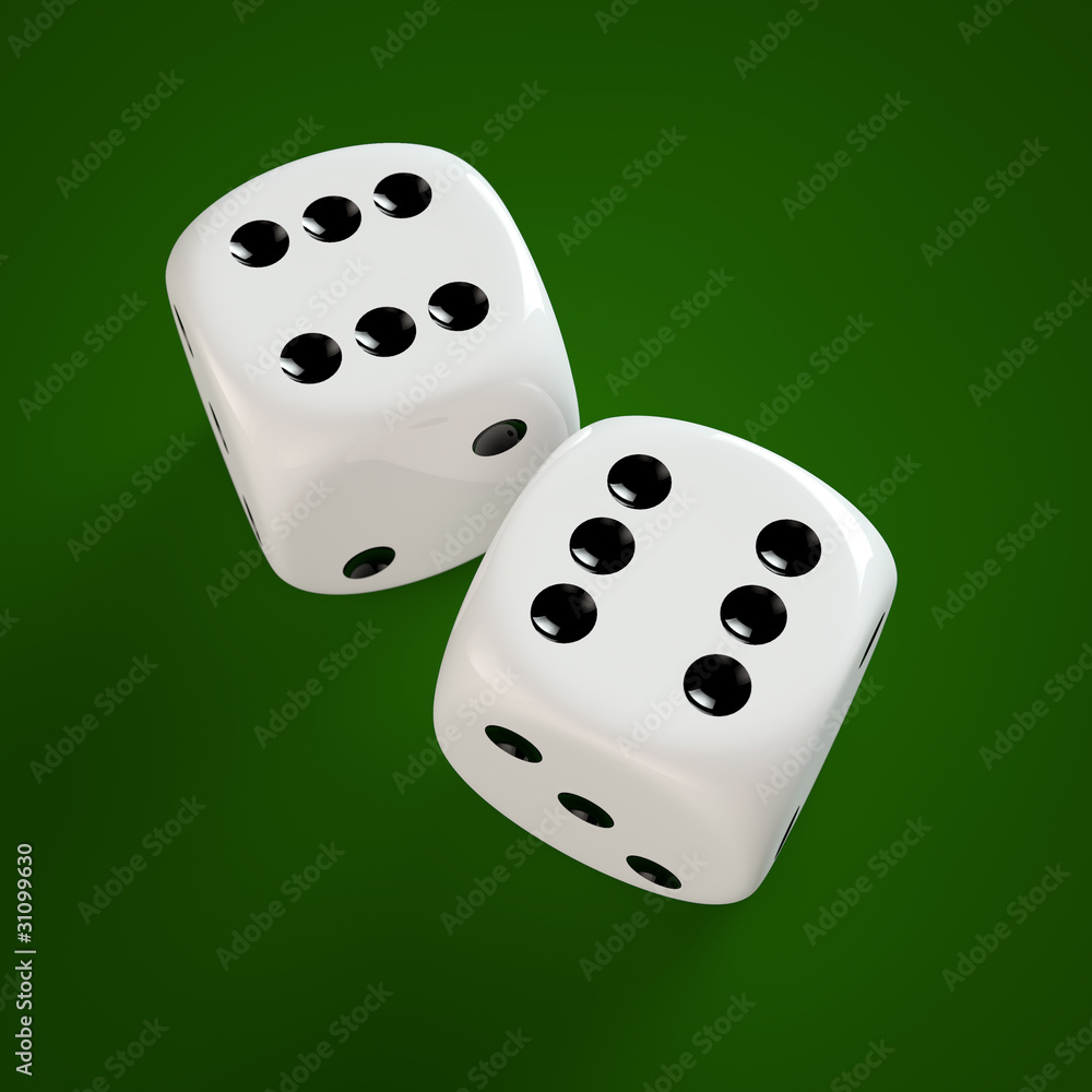 Zwei Spielwürfel auf grünem Tisch Zwei Spielwürfel auf grünem Tisch
