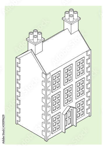 Isometric Drawing of 3 story DollHouse. White Outline Version.