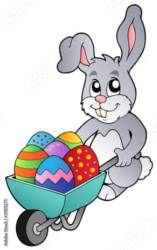 Bunny holding wheelbarrow with eggs