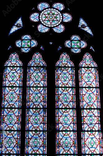 Stained glass decoration in Notre Dame cathedral in Paris