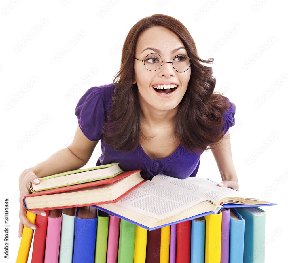 Girl in glasses with stack book . Girl in glasses with stack book .