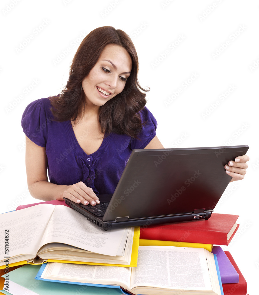 Girl with stack color book and laptop. Girl with stack color book and laptop.