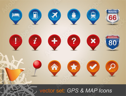 GPS and MAP Icon Set. Vector Illustration.