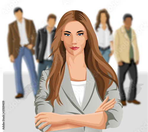 Business woman wearing gray suit with office people