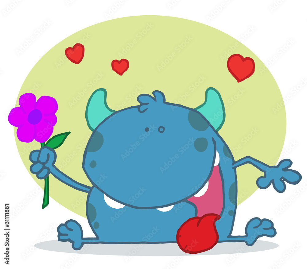 Happy Blue Monster Holding A Yellow Flower Happy Blue Monster Holding A Yellow Flower