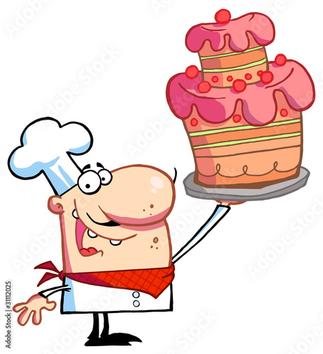 Proud Chef Holding Up A Masterpiece Layered Cake