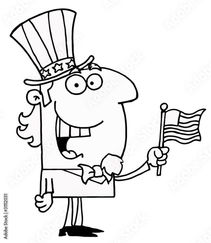 Outlined Uncle Sam Smiling And Waving A Flag
