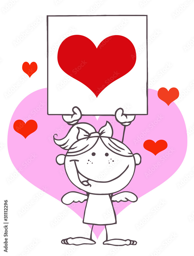 Stick Blond Girl Cupid Holding A Red Heart Sign Stick Blond Girl Cupid Holding A Red Heart Sign