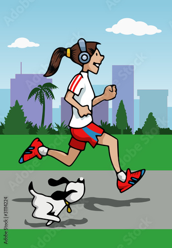 Running girl with headphones and dog