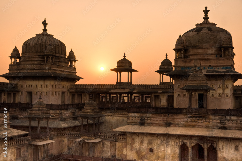 Orcha's Palaceat sunset, India.