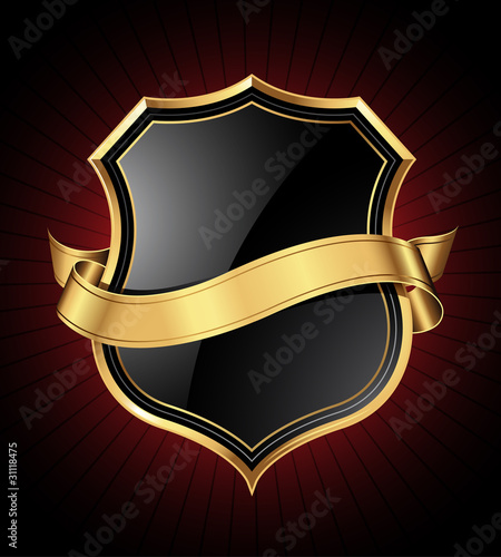 Black shield with a golden frame and a ribbon for your message