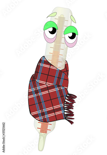 sick cartoon thermometer with fever wrapped up in a plaid
