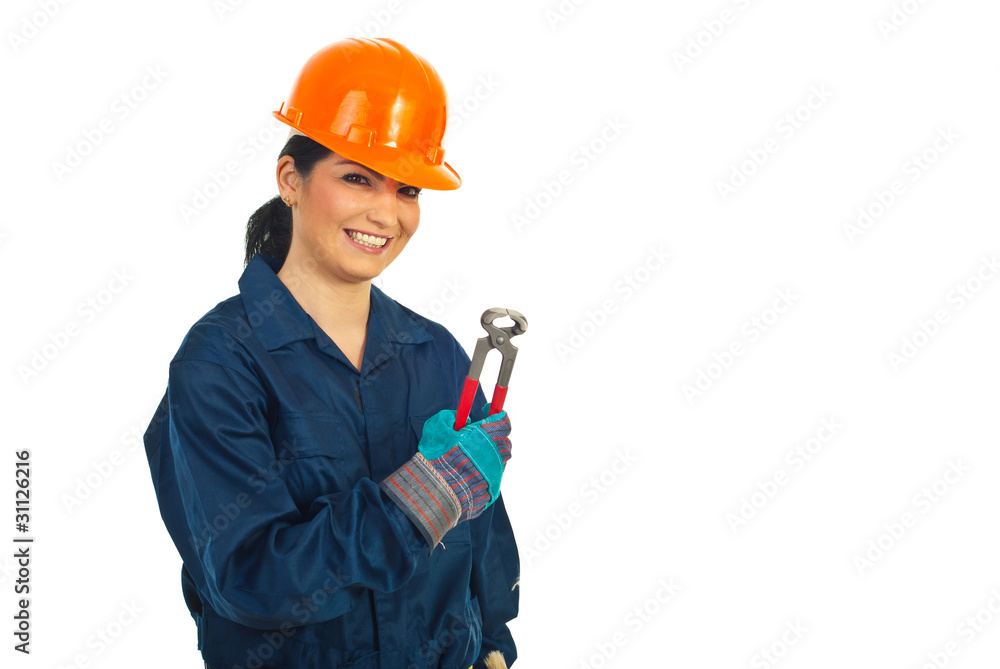 Happy worker woman holding pincers