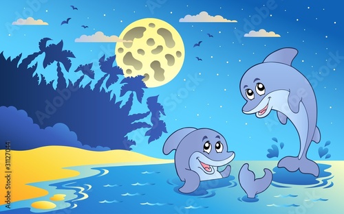 Night seascape with two dolphins