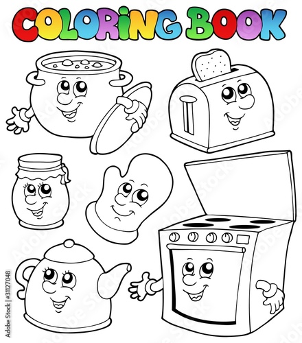 Coloring book with kitchen cartoons