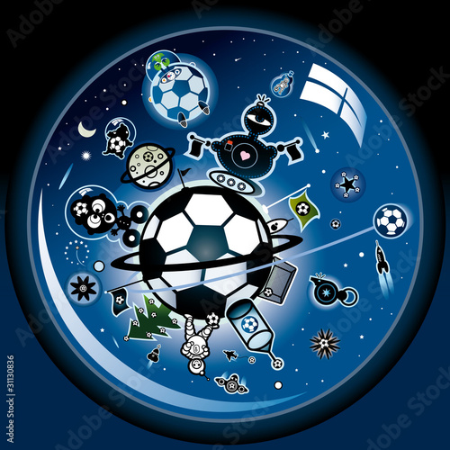 Illustration einer verrückten Fussballwelt im All, die Vektorgrafik im Comicstil zeigt Planeten rund um das Thema Fussball im Weltall durch ein Teleskop oder Fernrohr betrachtet