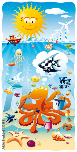 Kreativer Krake - Illustration einer Unterwasserwelt mit Oktopus im Meer mit Meeresbewohnern wie Tintenfisch, Clownfisch und weiteren Fischen, zeigt ein schönes idealisiertes Ökosystem