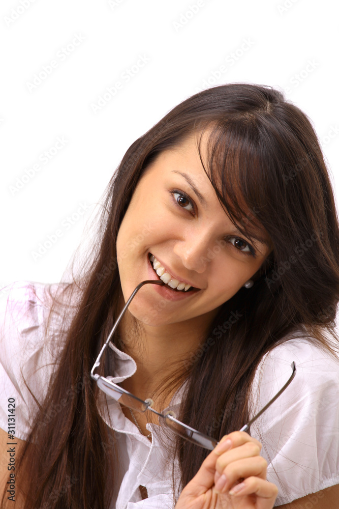 The beautiful business woman with glasses on a white The beautiful business woman with glasses on a white