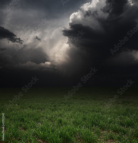 Dark storm clouds over meadow with green grass