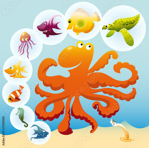 Illustration eines Kraken der sich seine Freunde aus dem Meer in Luftblasen vorstellt