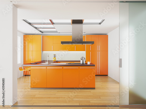 Interior of modern orange kitchen