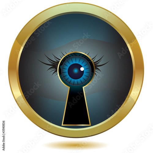 Eye in keyhole golden button.Vector