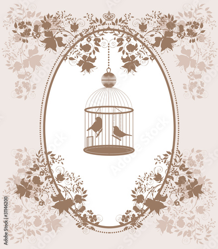 Vintage background with flowers and birds in cage.