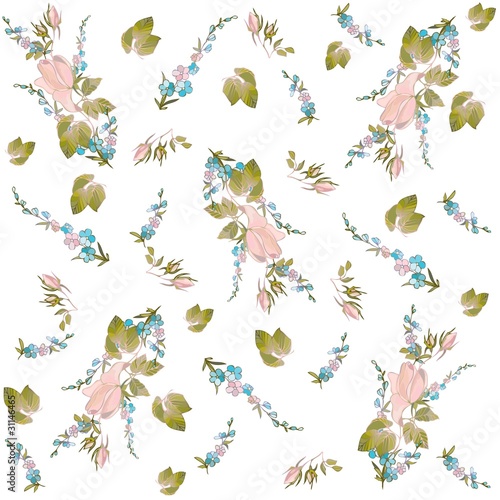 Seamless background.Illustration forget-me-not end rose.