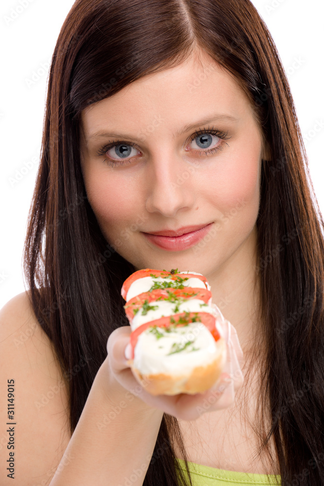 Healthy lifestyle - woman enjoy caprese sandwich Healthy lifestyle - woman enjoy caprese sandwich