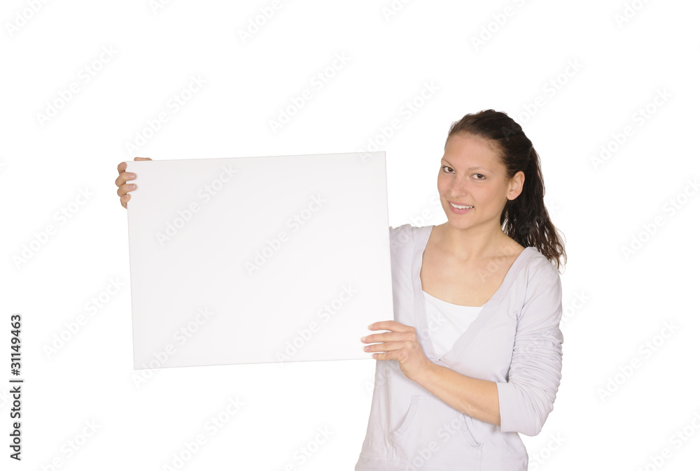 junge frau mit weißer tafel junge frau mit weißer tafel