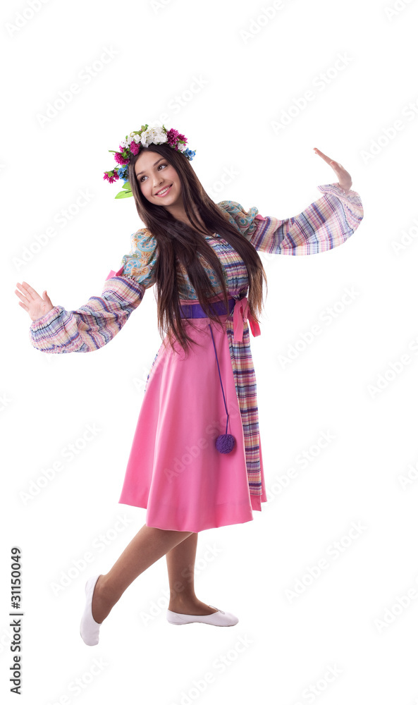 young girl with garland dance in russian costume young girl with garland dance in russian costume