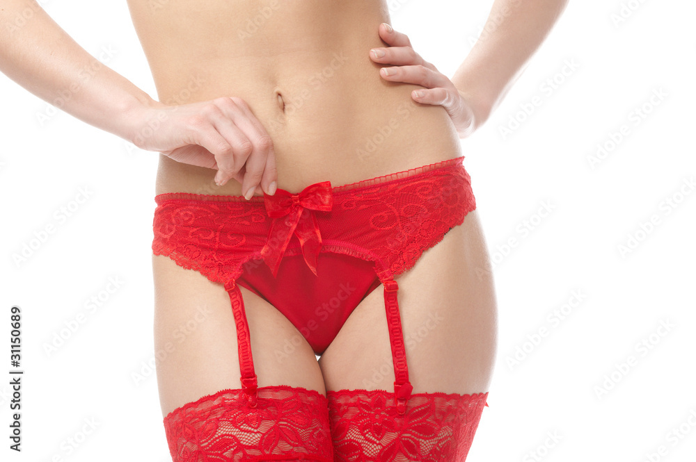 Slim sexy woman body in red underwear over white Slim sexy woman body in red underwear over white