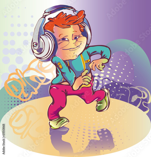 red-haired boy in headphones dancing at a party at the disco