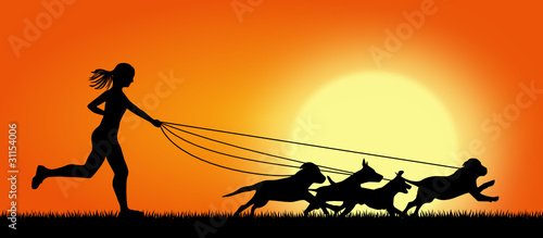 girl running with dogs on sunset background, vector image