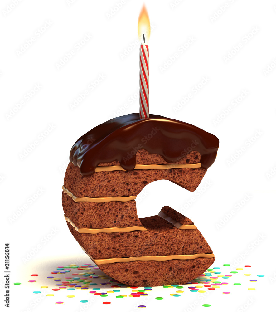 letter "C" shaped chocolate birthday cake with lit candle Stock