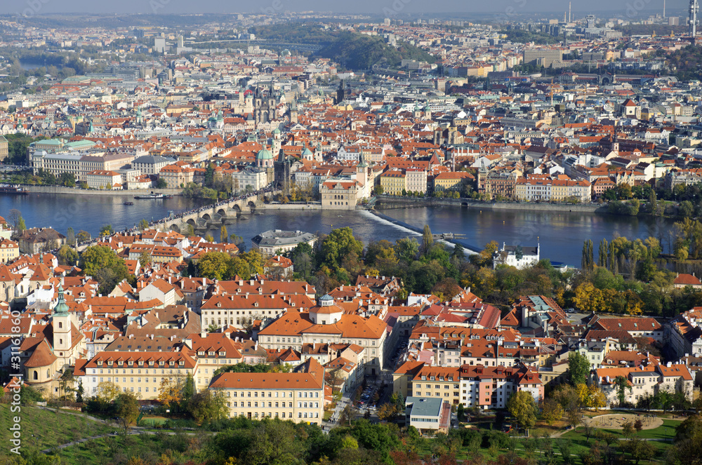 Old city in Prague. Vltava river and Charles bridge