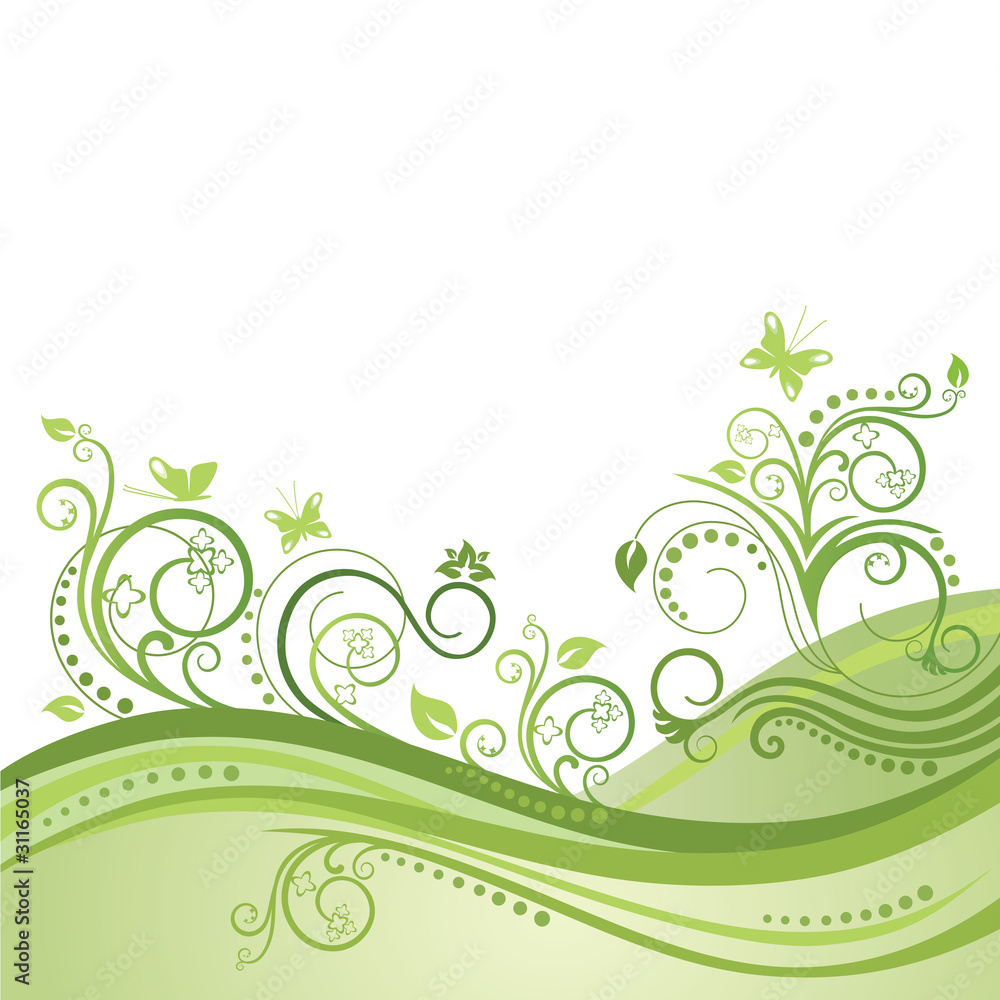 Green spring field, flowers and butterflies Green spring field, flowers and butterflies