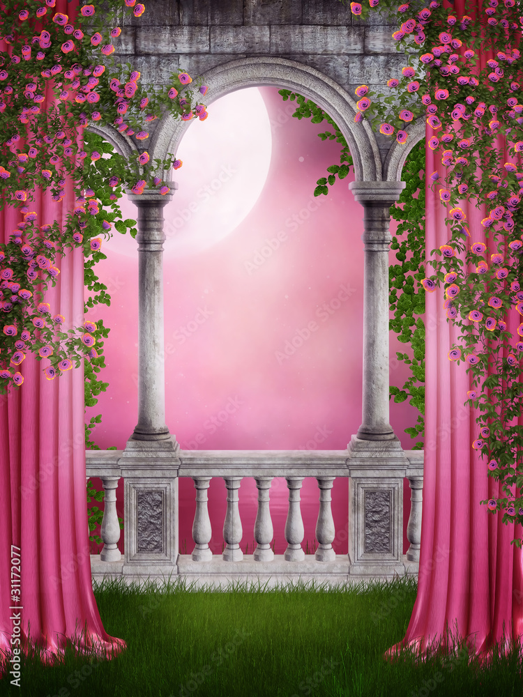 Obraz premium Różany ogród z zasłonami