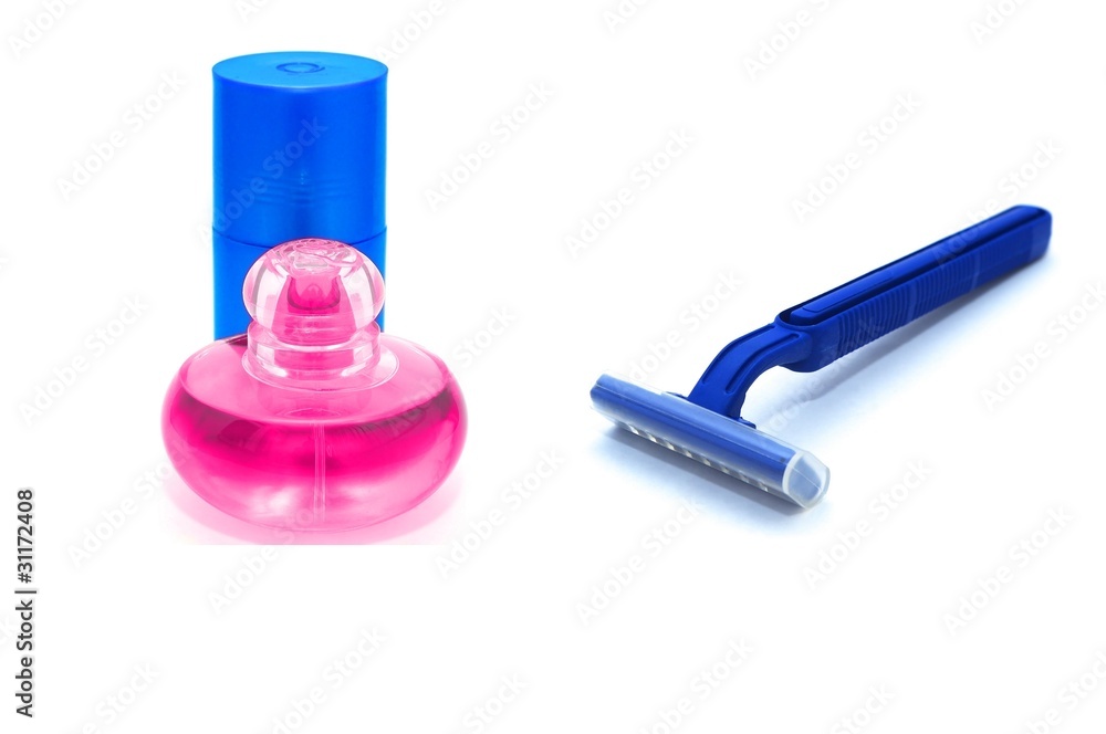 Fototapeta premium Blue razor and lotion after shave