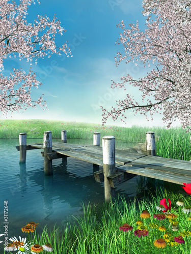 Fototapeta Molo z wiosennymi kwiatami i drzewami
