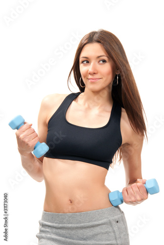 Fitness woman on diet workout dumbbells