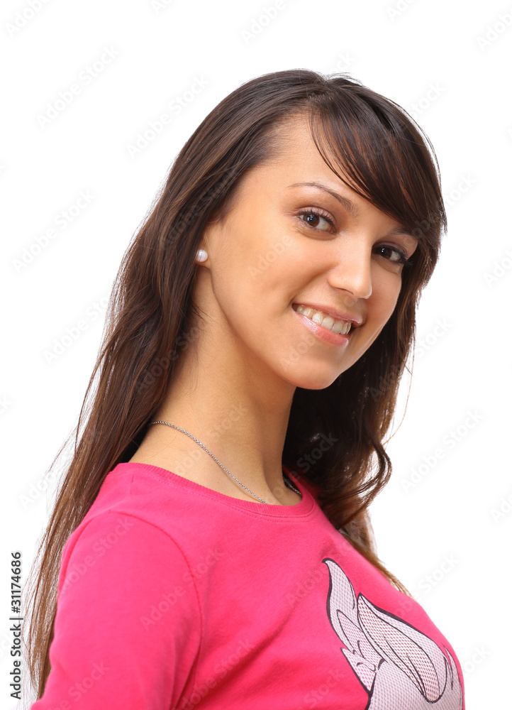 The beautiful young woman on a white background
