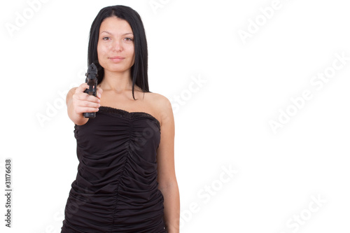 Sensual girl with a gun aiming to you