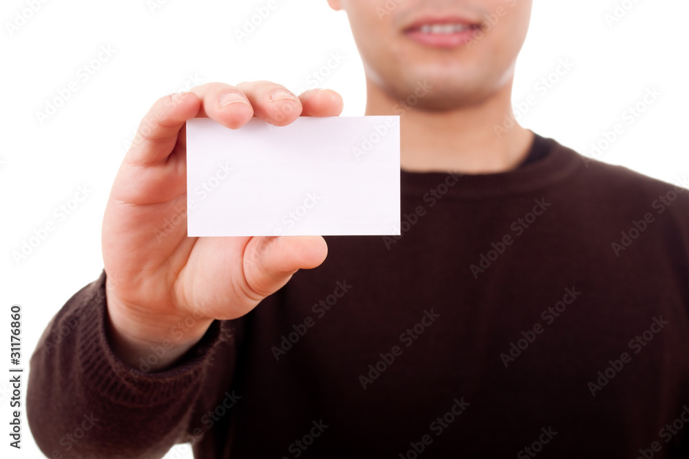 Young man showing card isolated Young man showing card isolated